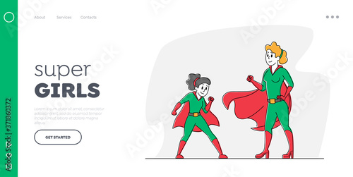 Parents and Children Relations Landing Page Template. Family Mother and Daughter Characters Wearing Superhero Costumes