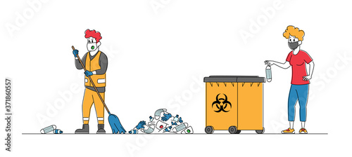 Female Character Throw Covid Waste to Litter Bin with Bio Hazard Symbol Janitor in Respirator Sweeping Rubbish on Street