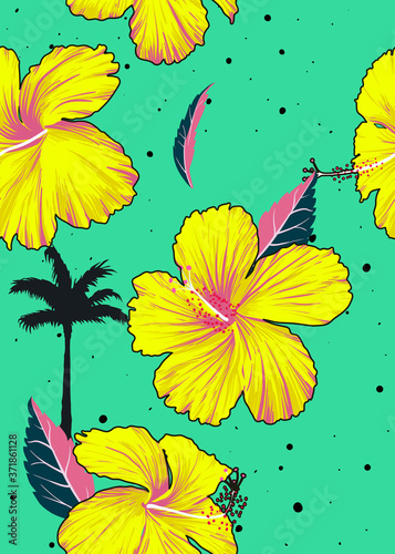 Hibiscus hand draw neon green pattern seamless pattern, bright neon colour, hand draw vector
