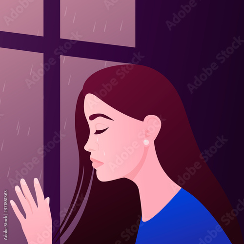 Crying Sad Young Girl or Woman with closed Eyes Closeup. Depression, Stress Concept. Vector Portrait in Flat Cartoon Style, Illustration