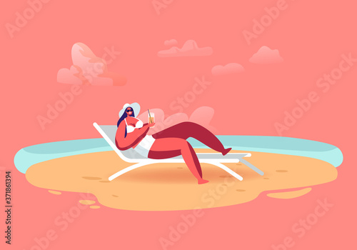 Young Woman in Hat Lounging, Drinking Cocktail on Chaise Lounge under Sun Rays Relaxing on Sea Beach at Summer Vacation