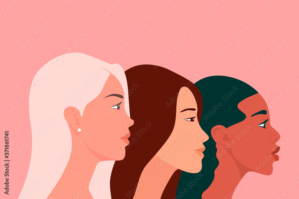 International Womens Day. Three Multy Ethnic Women of Different Nationalities Standing Together. Women s Friendship, Feminists, Sisterhood Concept. Empowerment Movement. Struggle for Freedom. Vector