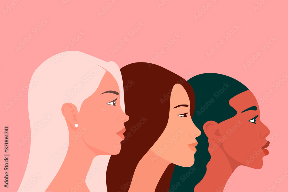 International Womens Day. Three Multy Ethnic Women of Different Nationalities Standing Together. Women s Friendship, Feminists, Sisterhood Concept. Empowerment Movement. Struggle for Freedom. Vector International Womens Day. Three Multy Ethnic Women of Different Nationalities Standing Together. Women s Friendship, Feminists, Sisterhood Concept. Empowerment Movement. Struggle for Freedom. Vector