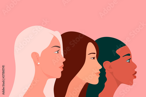 International Womens Day. Three Multy Ethnic Women of Different Nationalities Standing Together. Women s Friendship, Feminists, Sisterhood Concept. Empowerment Movement. Struggle for Freedom. Vector