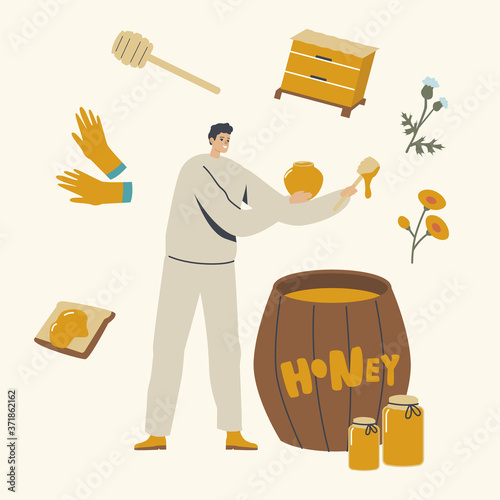 Beekeeper Character Put Honey to Glass Jars from Wooden Barrel. Farmer Extracting Bees Production for Sale, Sweet Food
