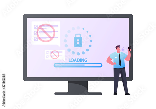 Male Guardian Character in Formal Wear Stand at Huge Computer Monitor with Loading Slider, Lock and Prohibition Signs