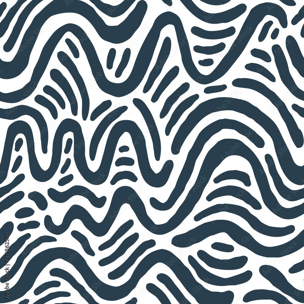 Seamless pattern with black waves. Design for backdrops with sea, rivers or water texture. Repeating texture. Figure for textiles. Print for the cover of the book, postcards, t-shirts. Surface design.