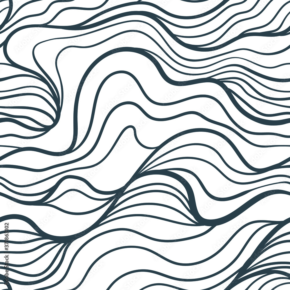 Fototapeta premium Seamless pattern with black linear noises waves. Design for backdrops and colouring book with sea, rivers or water texture. Repeating texture. Figure for textiles.