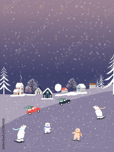 Vector Winter landscape,Cute winter wonderland at countryside with snow falling, polar bear playing ice skates in  park,Kawaii Children greeting card for Christmas holiday or can use for mobile screen