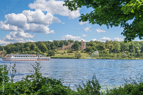 Tiefe Lake, Babelsberg Palace and the tourist boat in Potsdam, Germany