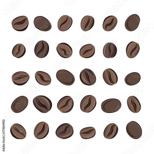 Set of roasted coffee beans in hand-sketch and carton style, brown on white background. For menus, cafes and coffee shops, kitchens and packaging