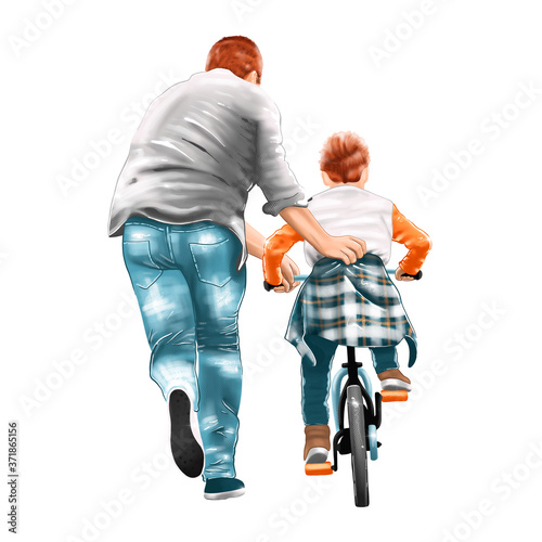 Digital high resolution hand drawn illustration of back view caucasian father with a son teen on a bike