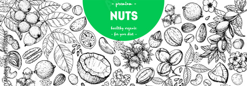 Nuts collection hand drawn sketch. Vector illustration. Nuts cocktail. Organic healthy food. Great for nuts packaging design. Engraved style. Black and white color