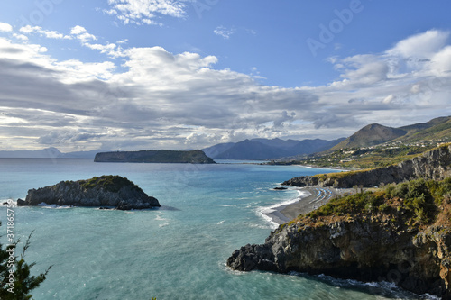 Panorama of the sea from a terrace in San Nicola Arcella, a town in the region of Calabria, Italy.