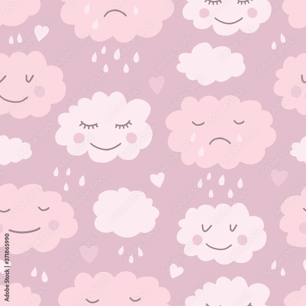 Cute hand drawn seamless pattern with clouds. Background for kids with smiling clouds. Vector illustration Cute hand drawn seamless pattern with clouds. Background for kids with smiling clouds. Vector illustration
