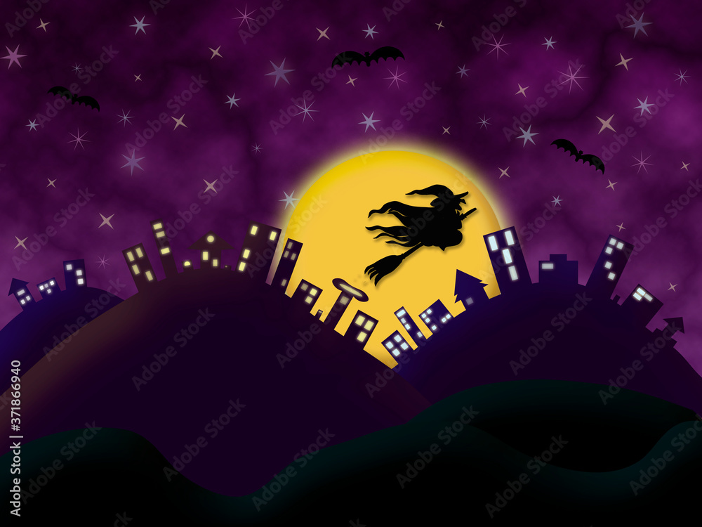 halloween night purple cloudy background city illustration with moon stars witch bats