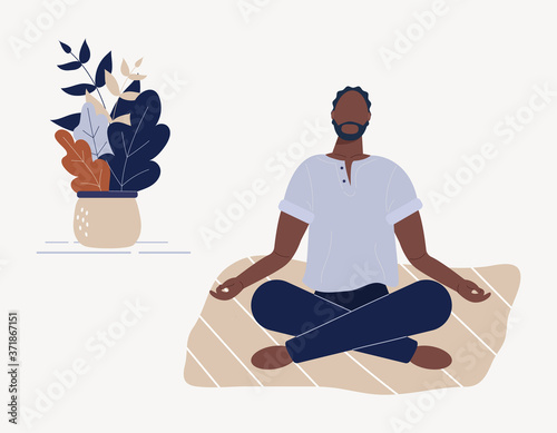 Afro-american man sitting with his legs crossed on floor and meditating. Young guy in yoga posture doing meditation, mindfulness practice, spiritual discipline at home.Flat cartoon vector illustration