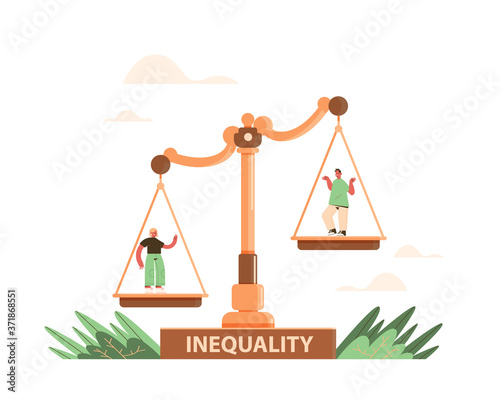 businessman and businesswoman on scales business corporate inequality concept gender male vs female unequal opportunities full length vector illustration