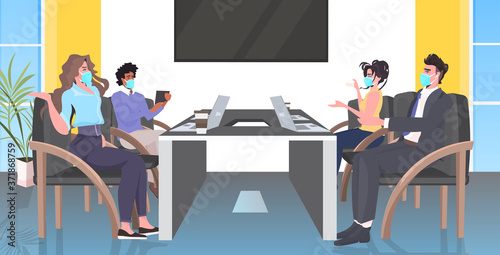 businesspeople in face masks discussing during conference meeting keeping distance to prevent coronavirus epidemic covid-19 protection measures office interior horizontal full length vector