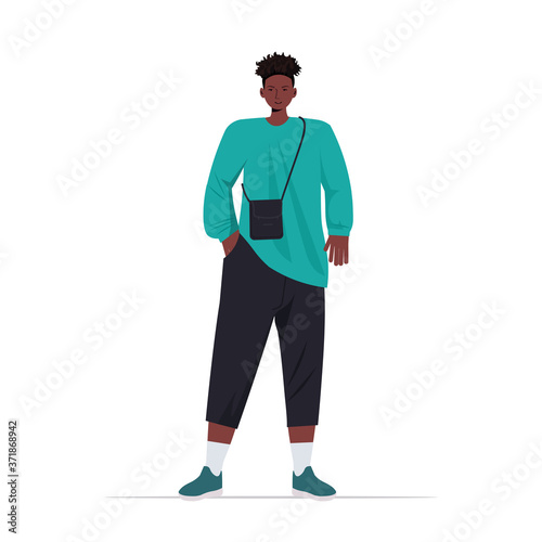 young man in casual trendy clothes african american male cartoon character standing pose full length vector illustration