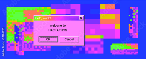 Retro user interface with window message box. Vaporwave and cyberpunk style cover for Hackathon event.