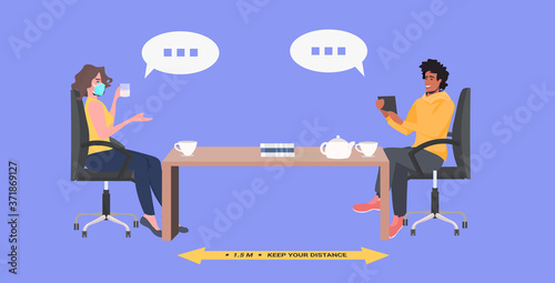 businesspeople in masks discussing during meeting keeping distance to prevent coronavirus epidemic covid-19 protection measures horizontal full length vector illustration