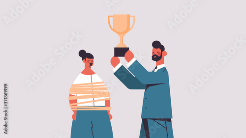 businessman holding trophy cup near tied businesswoman with duct tape on mouth gender inequality sexism discrimination concept horizontal portrait vector illustration