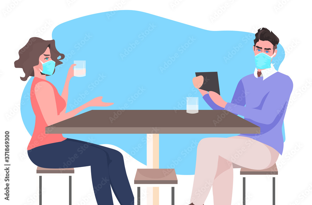 cafe visitors in face masks discussing during meeting keeping distance to prevent coronavirus epidemic social distancing concept horizontal portrait vector illustration