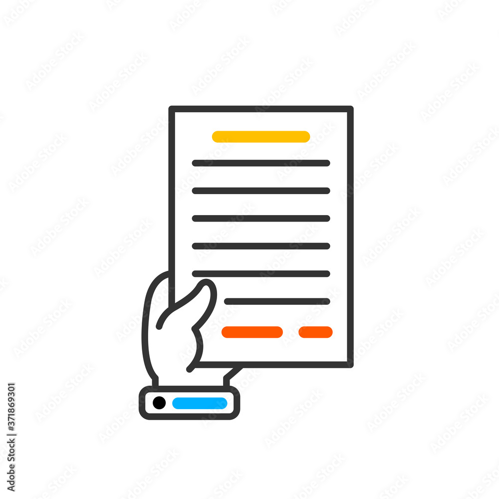 Document in hand linear icon. Thin line design. Vector color icon. Document in hand linear icon. Thin line design. Vector color icon.
