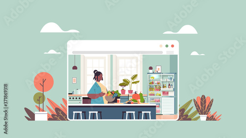 woman preparing healthy food at home online cooking concept modern kitchen interior web browser window horizontal portrait vector illustration