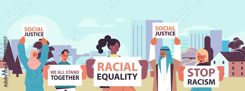 mix race activists holding stop racism posters racial equality social justice stop discrimination concept horizontal portrait cityscape vector illustration