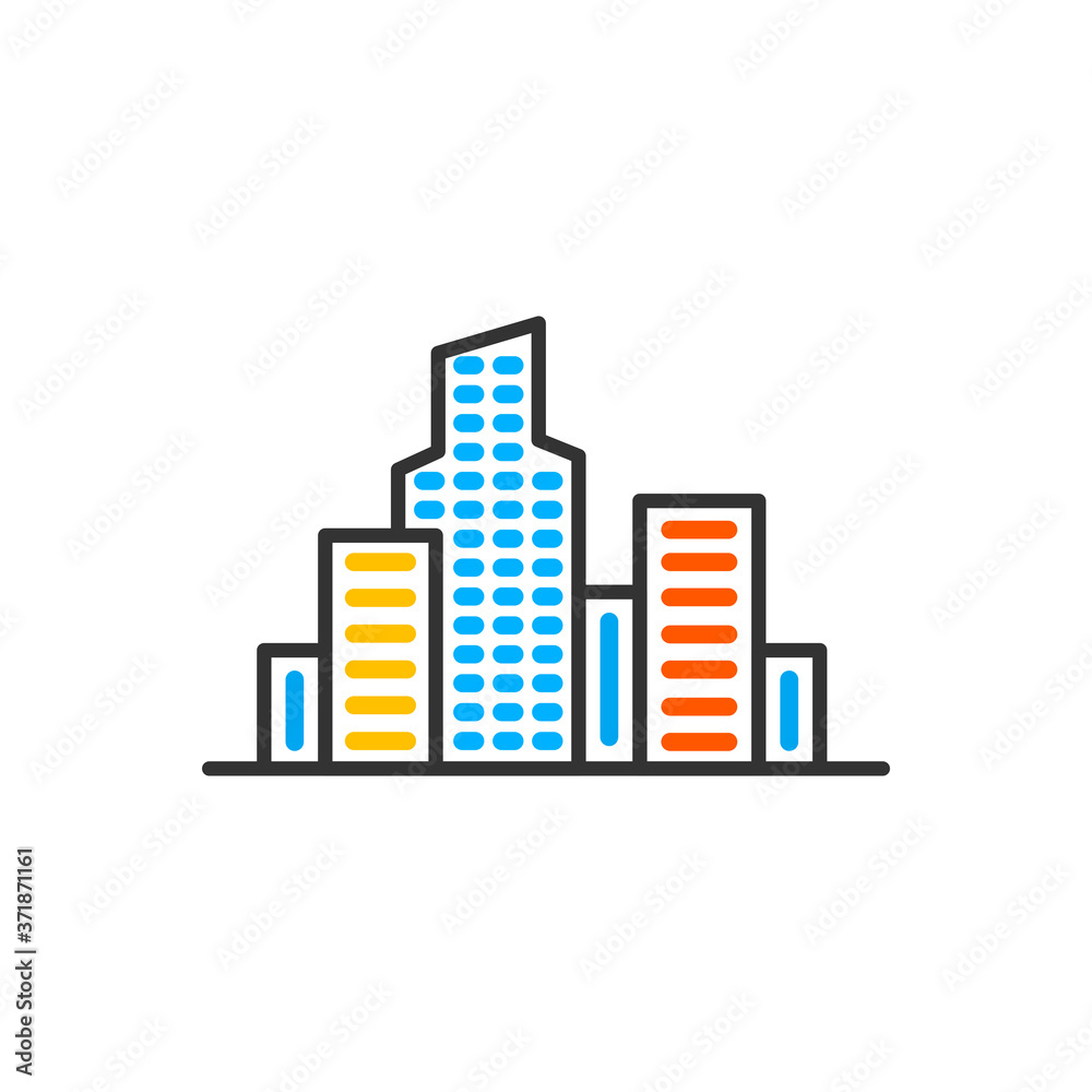 City architecture sign. Skyscraper buildings line icon. Vector color icon.