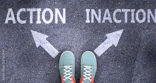 Action and inaction as different choices in life - pictured as words Action, inaction on a road to symbolize making decision and picking either Action or inaction as an option, 3d illustration