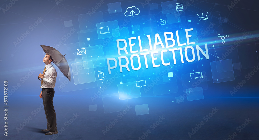 Businessman defending with umbrella from cyber attack and RELIABLE PROTECTION inscription, online security concept