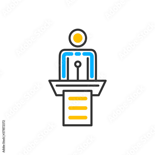 Orator speaking from tribune illustration. Public speaking clipart. Speaker. Vector color icon.