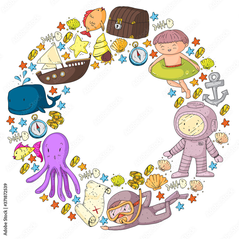 Vector icons of sea ocean adventure for little children. Nautical pattern for kids. Whale, pirates, pirate map, treasure chest, diving and fishes. Vector icons of sea ocean adventure for little children. Nautical pattern for kids. Whale, pirates, pirate map, treasure chest, diving and fishes.