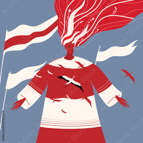 Belarusian woman stands against the background of flags, action of solidarity against cruelty. Vector illustration. Free Belarus.