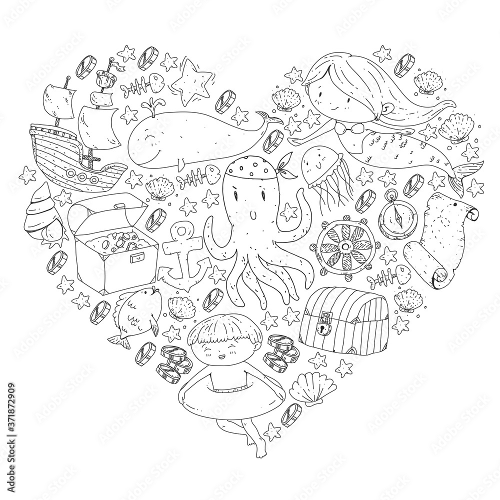 Vector icons of sea ocean adventure for little children. Nautical pattern for kids. Whale, pirates, pirate map, treasure chest, diving and fishes. Vector icons of sea ocean adventure for little children. Nautical pattern for kids. Whale, pirates, pirate map, treasure chest, diving and fishes.