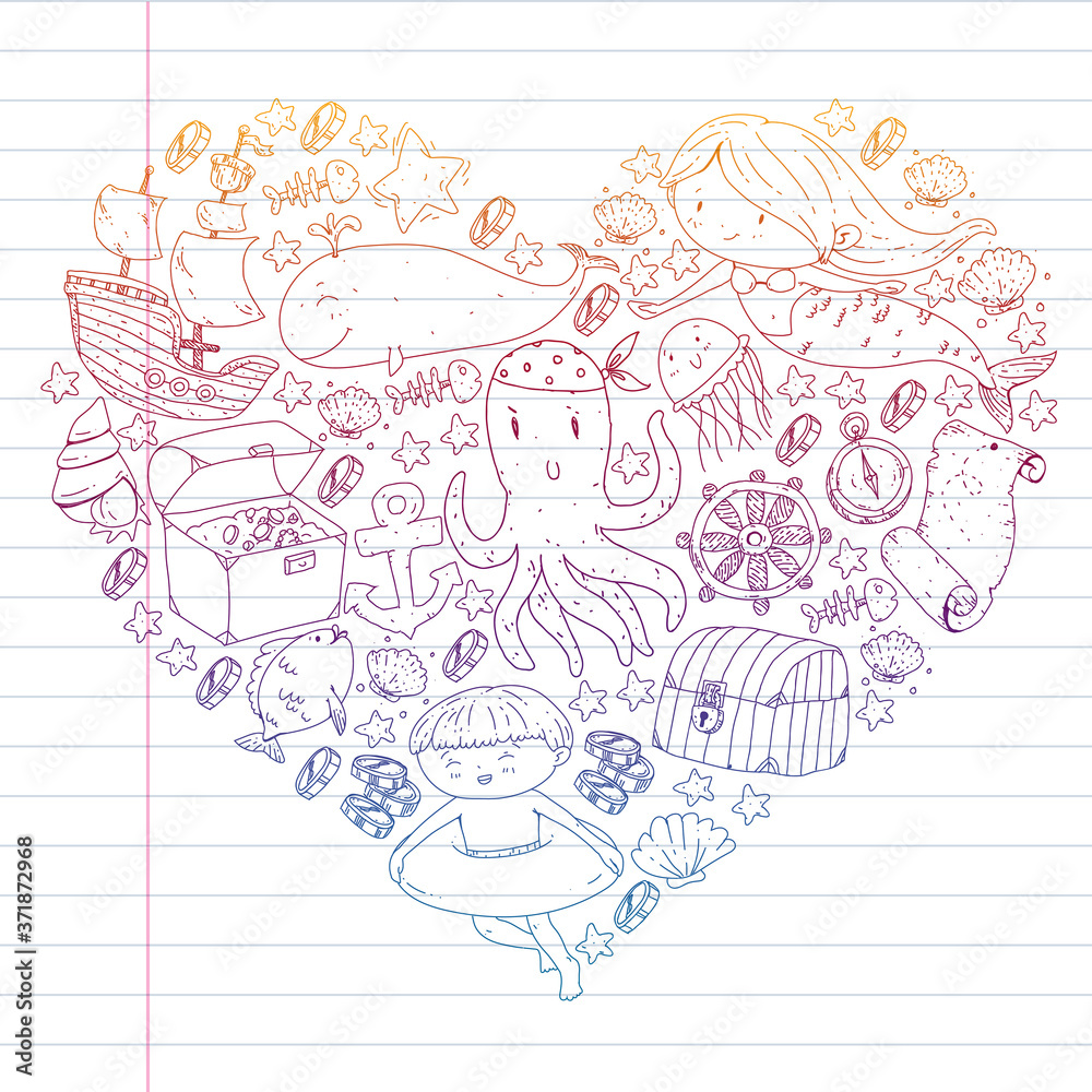 Vector icons of sea ocean adventure for little children. Nautical pattern for kids. Whale, pirates, pirate map, treasure chest, diving and fishes. Vector icons of sea ocean adventure for little children. Nautical pattern for kids. Whale, pirates, pirate map, treasure chest, diving and fishes.