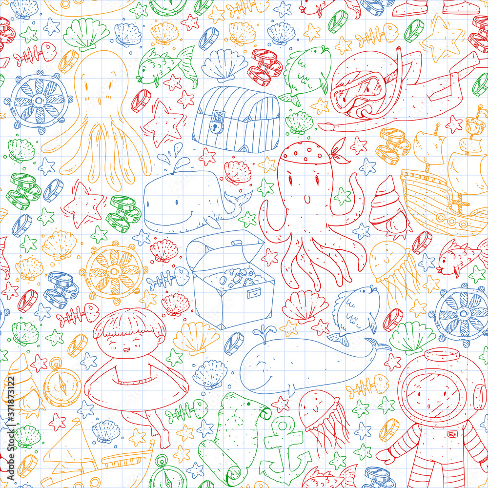 Vector icons of sea ocean adventure for little children. Nautical pattern for kids. Whale, pirates, pirate map, treasure chest, diving and fishes. Vector icons of sea ocean adventure for little children. Nautical pattern for kids. Whale, pirates, pirate map, treasure chest, diving and fishes.