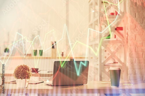 Double exposure of stock market graph drawing and office interior background. Concept of financial analysis.