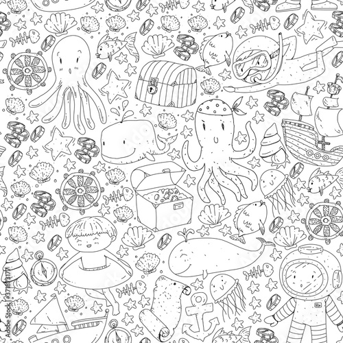 Fototapeta Naklejka Na Ścianę i Meble -  Vector icons of sea ocean adventure for little children. Nautical pattern for kids. Whale, pirates, pirate map, treasure chest, diving and fishes.