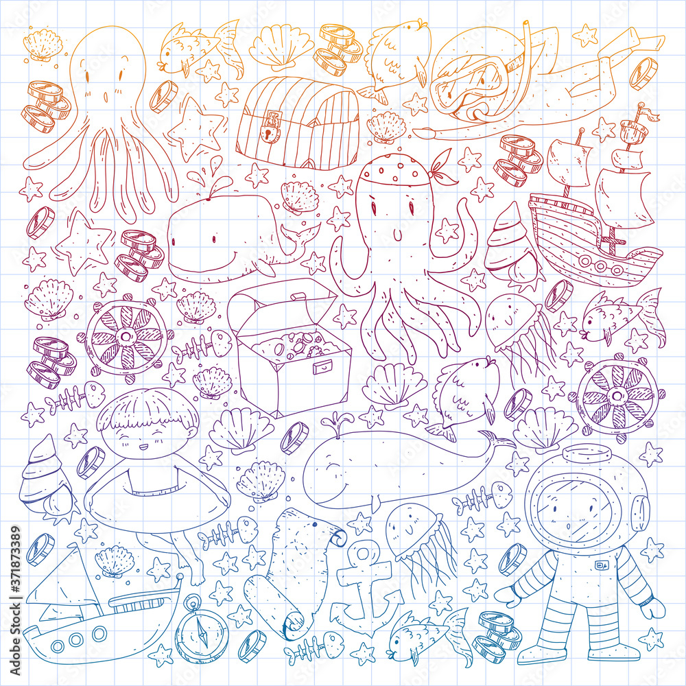 Vector icons of sea ocean adventure for little children. Nautical pattern for kids. Whale, pirates, pirate map, treasure chest, diving and fishes. Vector icons of sea ocean adventure for little children. Nautical pattern for kids. Whale, pirates, pirate map, treasure chest, diving and fishes.