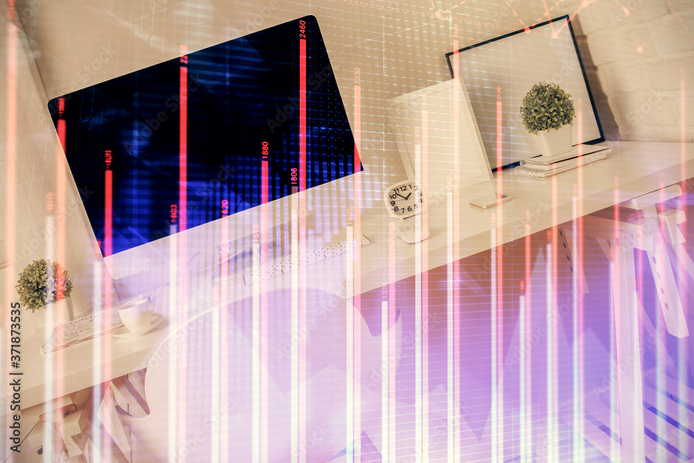 Double exposure of financial graph drawing and office interior background. Concept of stock market. Double exposure of financial graph drawing and office interior background. Concept of stock market.