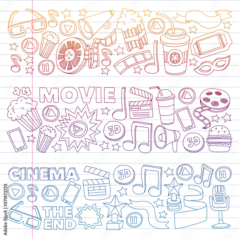 Cinema, movie. Vector film symbols and objects