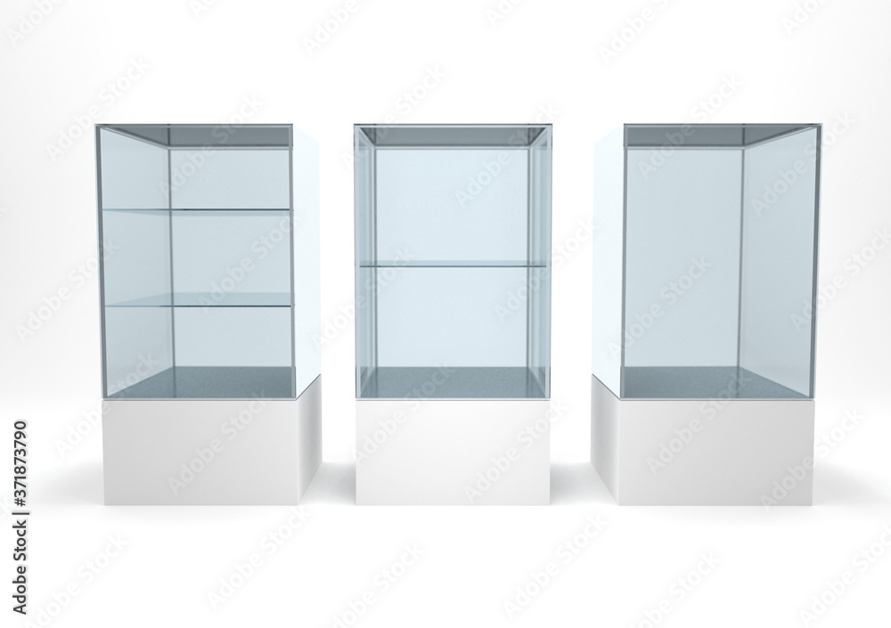 Empty transparent clear glasses showcase set for retail store or exhibition stand 3d rendering image. Empty transparent clear glasses showcase set for retail store or exhibition stand 3d rendering image.