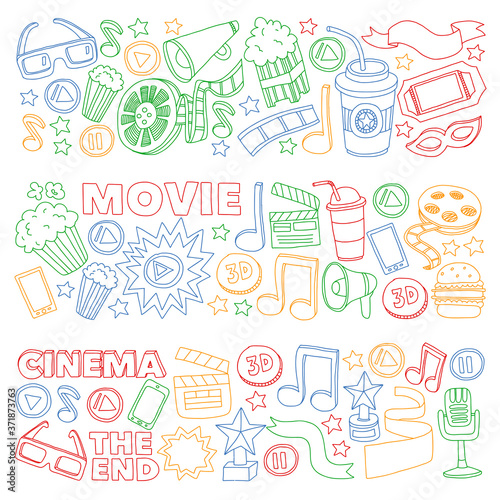 Cinema, movie. Vector film symbols and objects