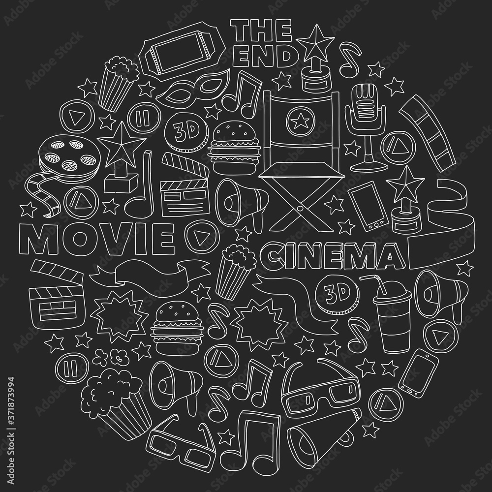 Cinema, movie. Vector film symbols and objects