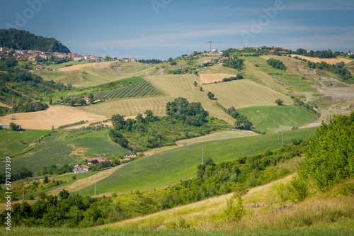 Panorama of Republic of San Marino and Italy from Monte Titano, City of San Marino. City of San Marino is capital city of Republic of San Marino located on Italian peninsula, near Adriatic Sea.