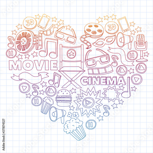 Cinema, movie. Vector film symbols and objects